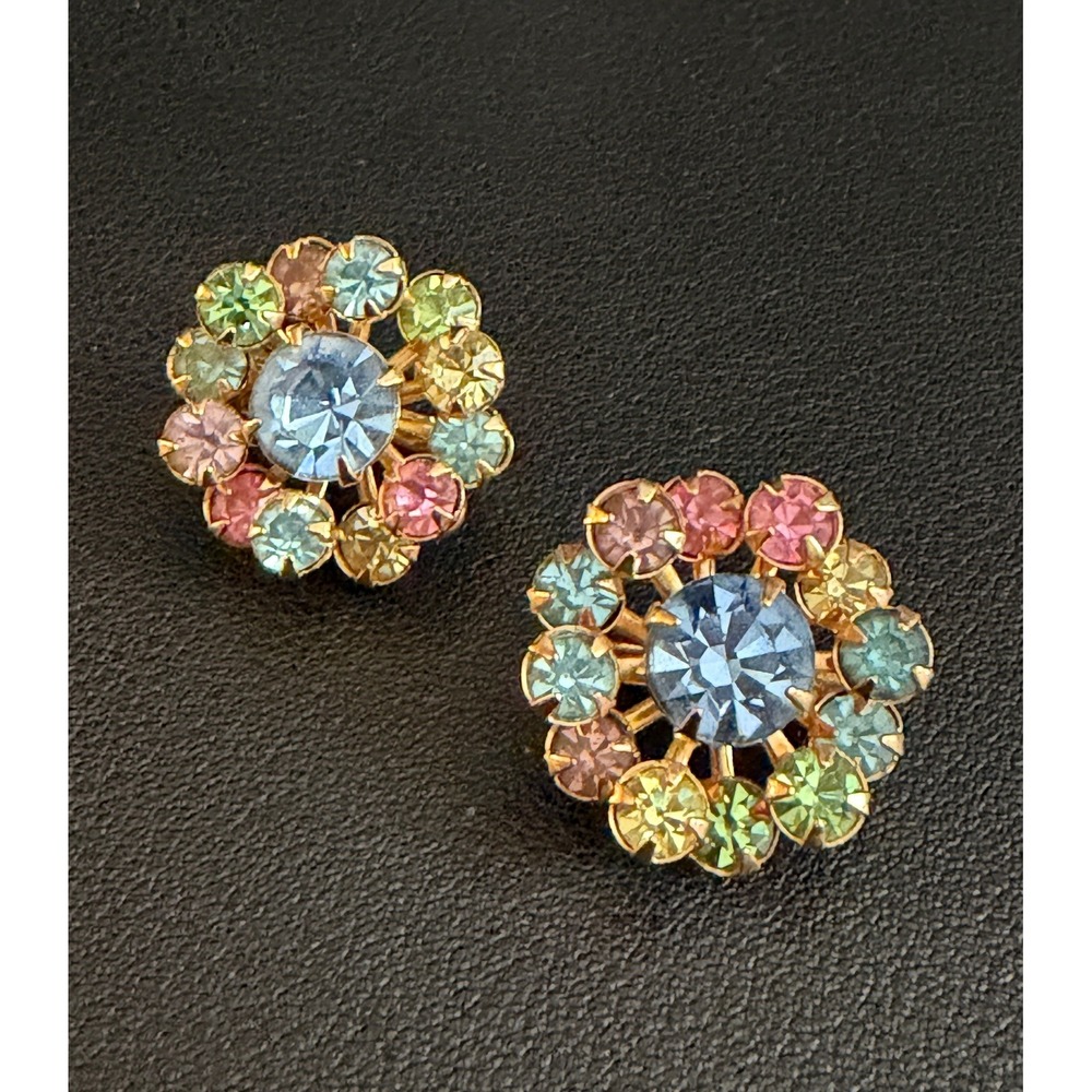 Vintage  Scatter Pins Set of 2 Rhinestone Pastel Gold Tone Floral Brooch
